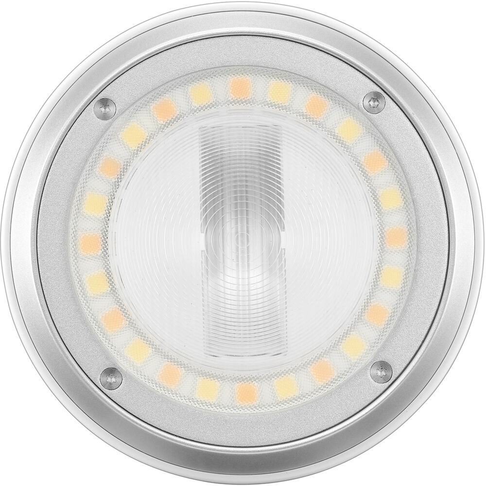 Direct front view showing Godox A2 circular bi-color LED ring light surrounding the central xenon flash tube.