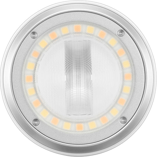 Direct front view showing Godox A2 circular bi-color LED ring light surrounding the central xenon flash tube.