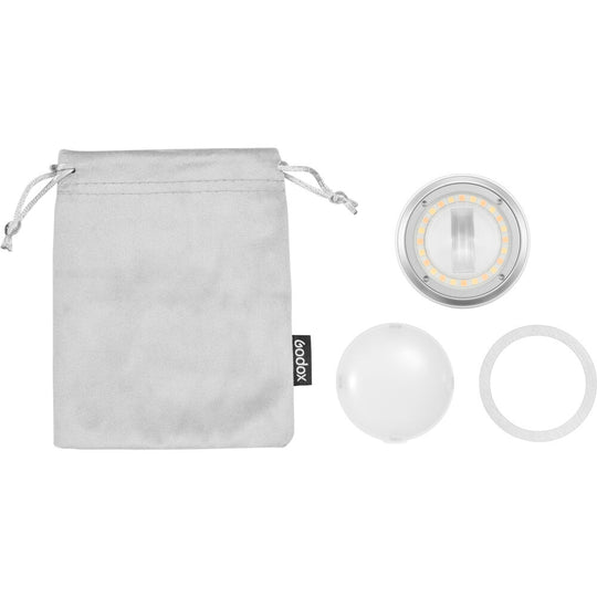 Godox A2 smartphone xenon flash package contents including carrying pouch, diffuser dome, and magnetic ring accessory.