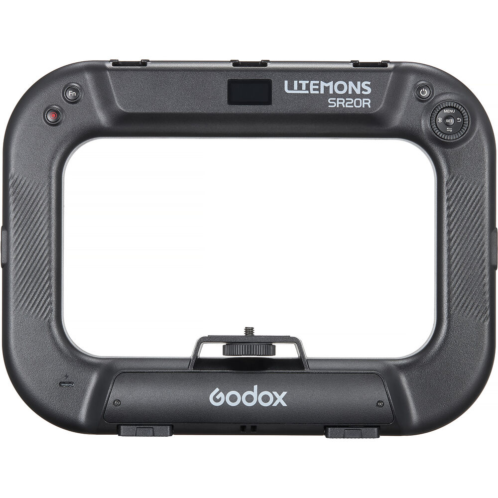 Rear control panel view of Godox Litemons SR20R featuring function buttons, display, control wheel, and cold shoe mounts.