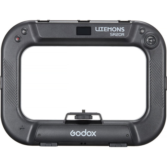 Rear control panel view of Godox Litemons SR20R featuring function buttons, display, control wheel, and cold shoe mounts.