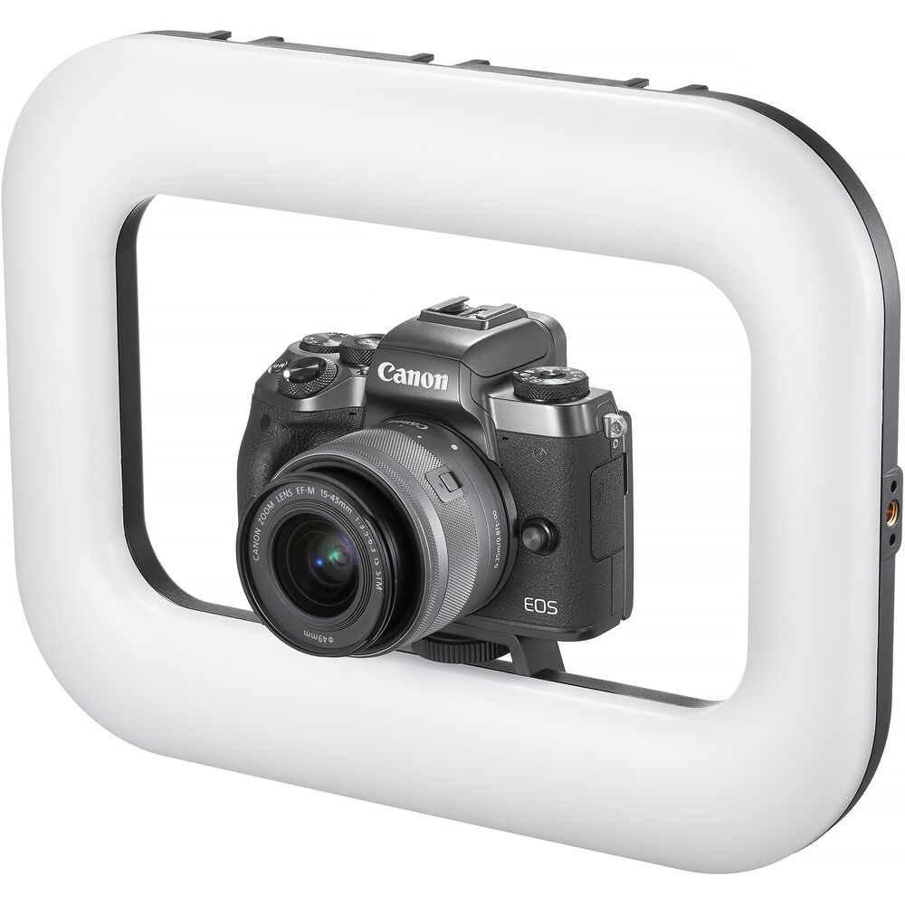 Godox Litemons SR20R LED ring light mounted around a Canon EOS M series mirrorless camera setup.