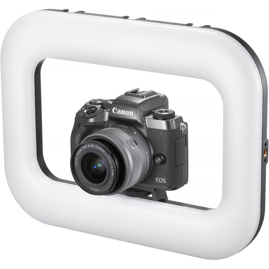 Godox Litemons SR20R LED ring light mounted around a Canon EOS M series mirrorless camera setup.