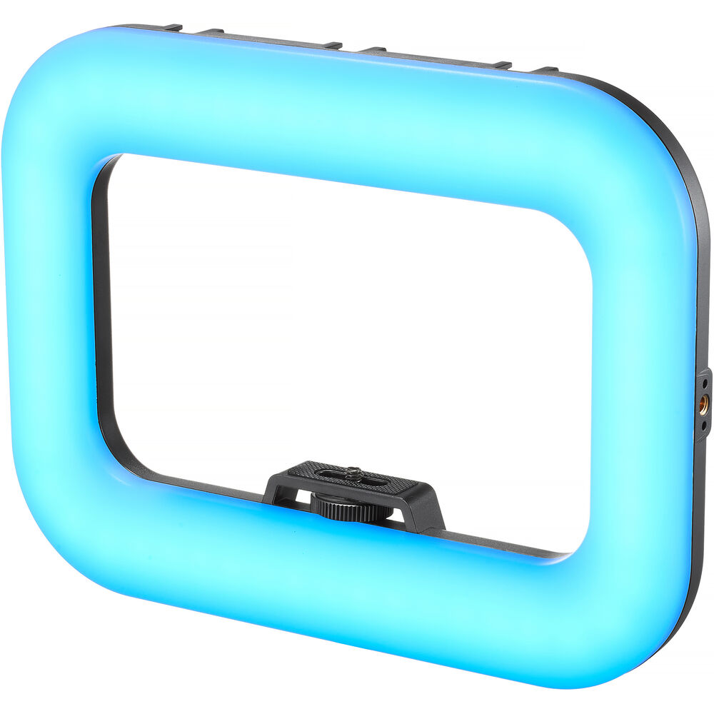 Godox Litemons SR20R portable RGB LED light illuminated in cyan with bottom mounting thread.