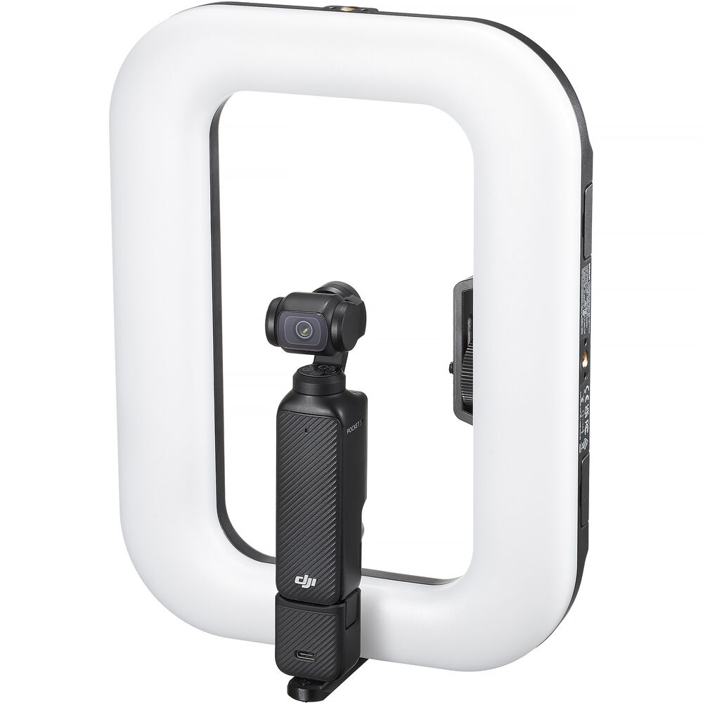 Godox Litemons SR20R portable RGB LED light mounted vertically around a DJI Osmo Pocket 3 gimbal camera.