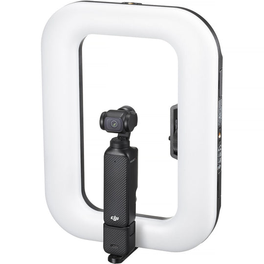 Godox Litemons SR20R portable RGB LED light mounted vertically around a DJI Osmo Pocket 3 gimbal camera.