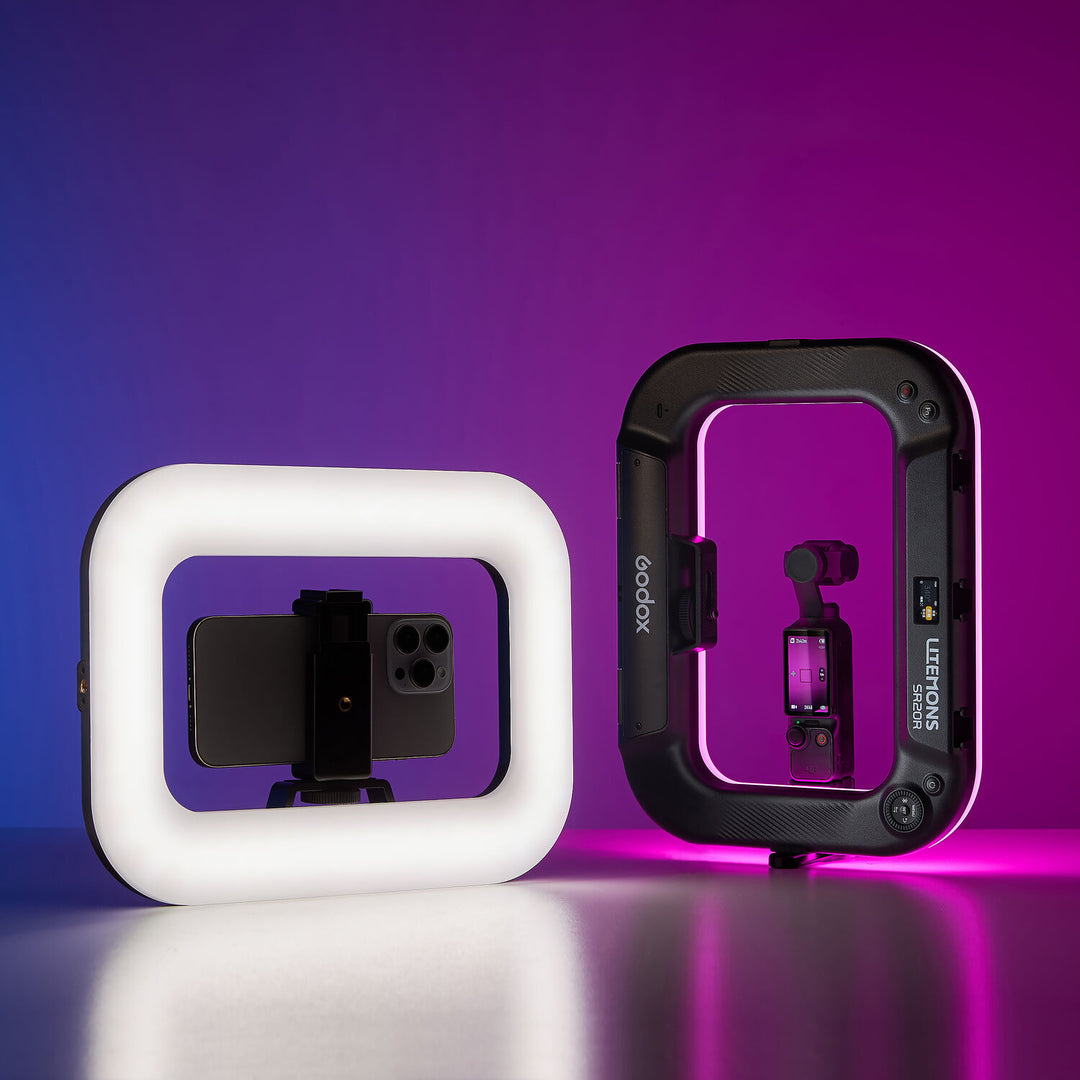 Godox Litemons SR20R LED light in horizontal smartphone setup alongside vertical gimbal mount configuration.