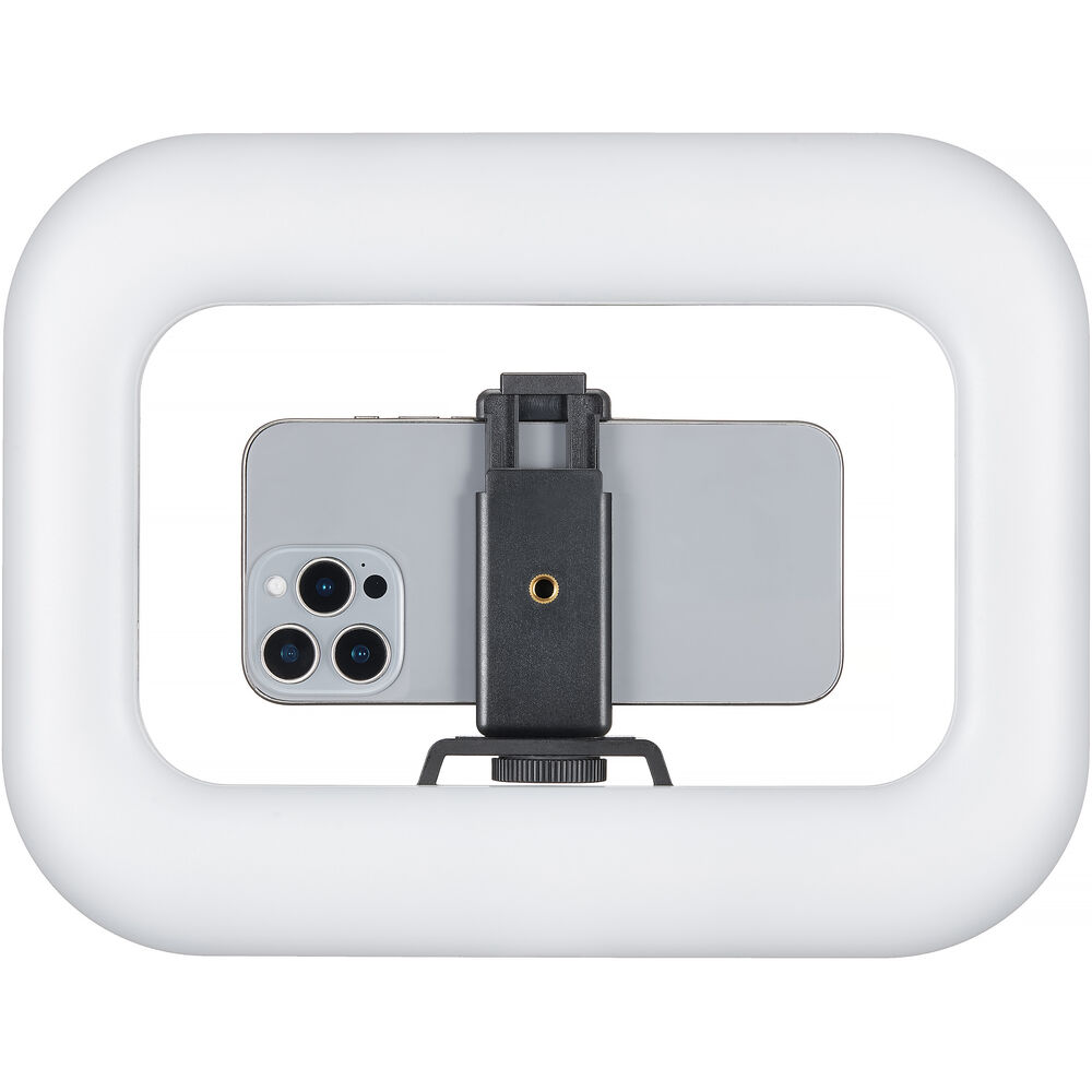 Rear view of Godox Litemons SR20R portable RGB LED light with smartphone secured in the central spring clamp.