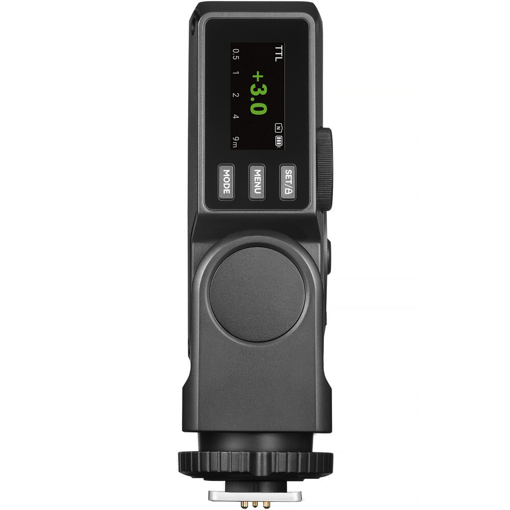 Direct rear vertical view of the Godox Lux Junior II Retro Camera Flash showing the LCD control screen set to TTL mode, MODE, MENU, and SET control buttons, side adjustment wheel, and hot shoe connector foot.
