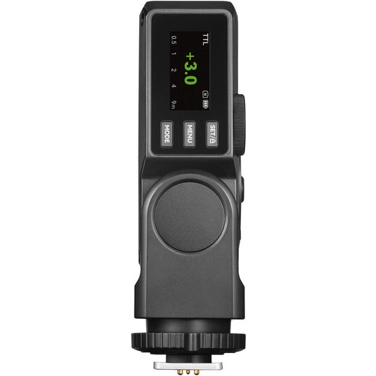 Direct rear vertical view of the Godox Lux Junior II Retro Camera Flash showing the LCD control screen set to TTL mode, MODE, MENU, and SET control buttons, side adjustment wheel, and hot shoe connector foot.