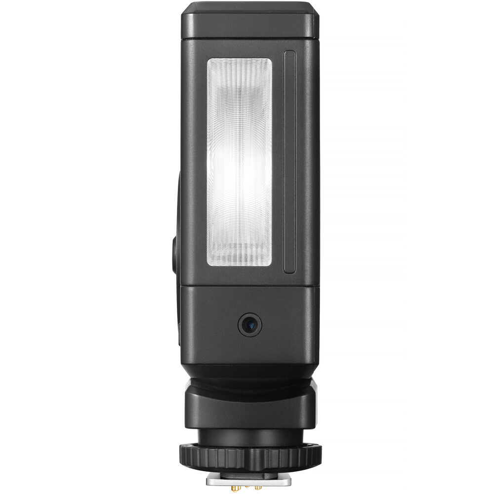 Direct front vertical view of the Godox Lux Junior II Retro Camera Flash highlighting the clear Fresnel flash diffuser panel, optical sensor lens, and bottom hot shoe contact foot.