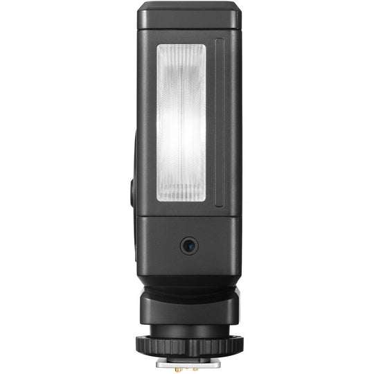 Direct front vertical view of the Godox Lux Junior II Retro Camera Flash highlighting the clear Fresnel flash diffuser panel, optical sensor lens, and bottom hot shoe contact foot.