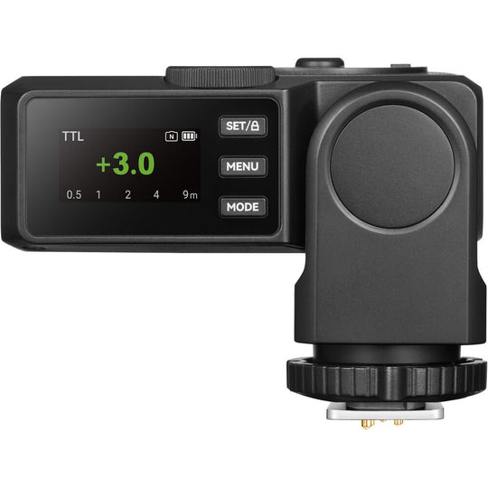 Rear view of the Godox Lux Junior II Retro Camera Flash displaying the back LCD screen in TTL mode, navigation control buttons, top adjustment wheel, and hot shoe foot.
