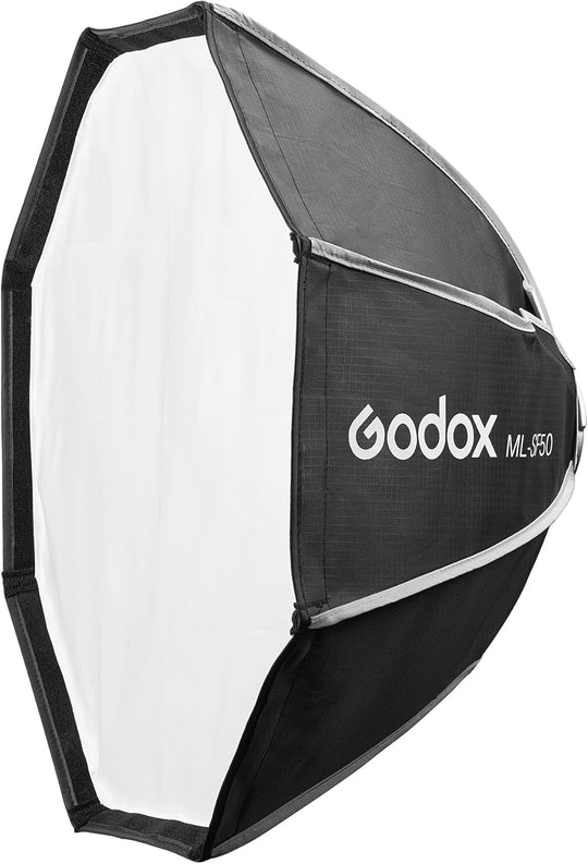 Godox ML-SF50 softbox shown from the side with its white diffusion fabric attached, used for softening studio lighting.