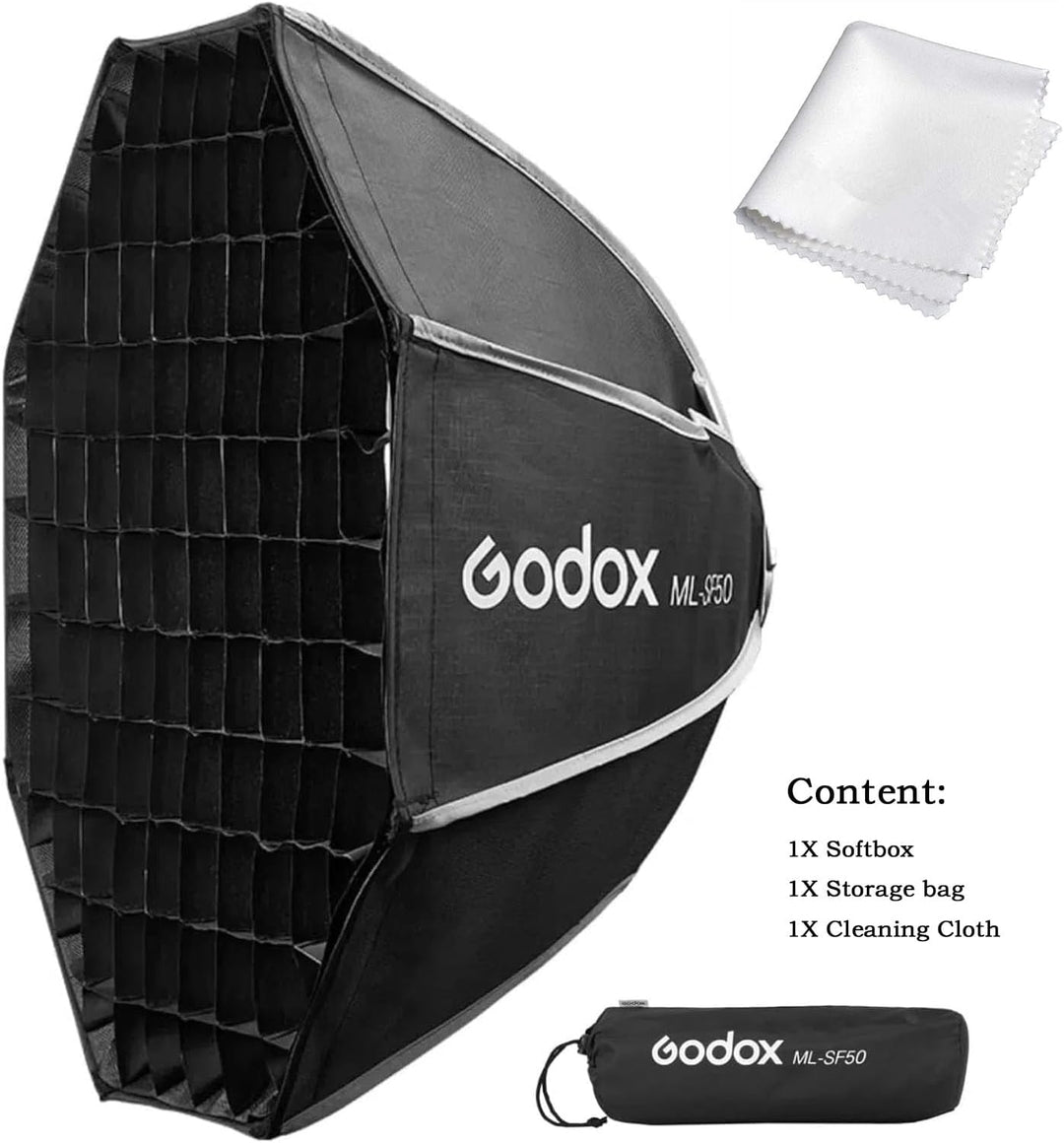The contents of the Godox ML-SF50 softbox kit, including the softbox with grid, a cleaning cloth, and a storage bag.