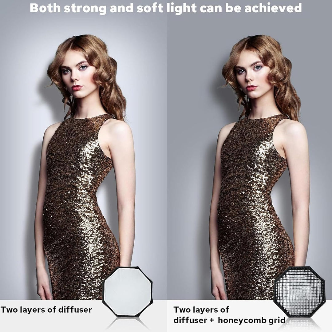 A comparison showing two lighting effects: one using two layers of diffuser for soft light, and one adding a honeycomb grid to the diffusers for more controlled, directed lighting on a model.