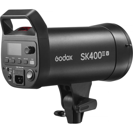 Rear control panel of the Godox SK400III-V studio flash showing the LCD screen, adjustment dial, power switch, and ports.
