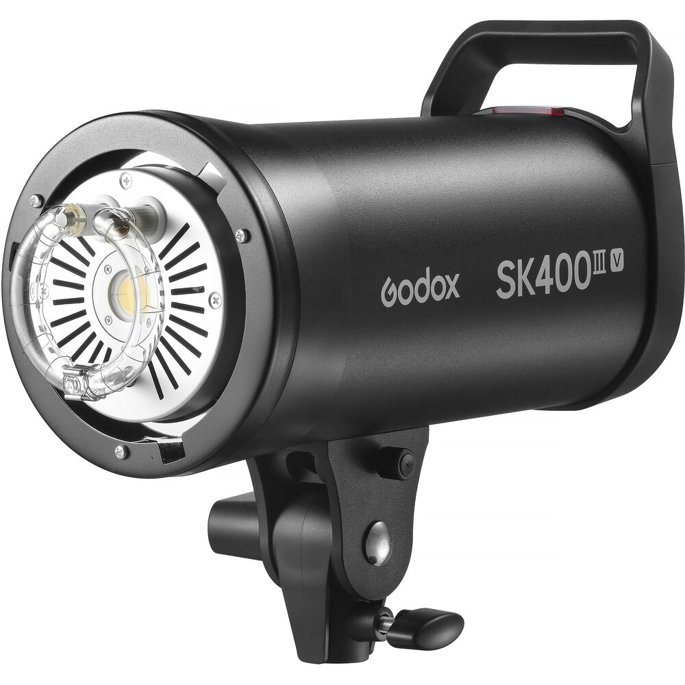 Angled front-side view of Godox SK400III-V studio flash strobe highlighting the LED modeling light and flash tube.