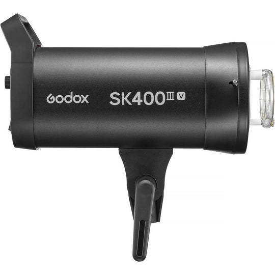 Left side view of the Godox SK400III-V studio flash strobe with light stand mount handle.