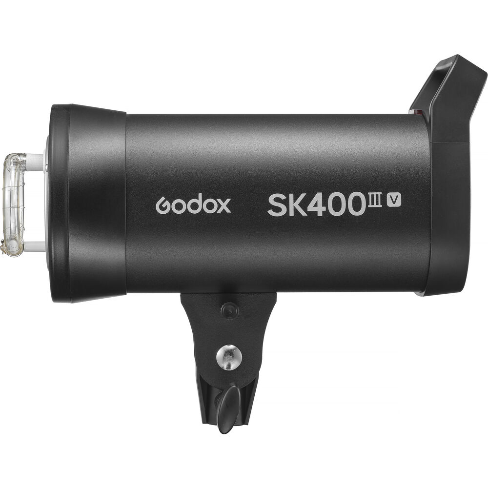 Side profile view of the Godox SK400III-V studio flash strobe with built-in mount bracket.