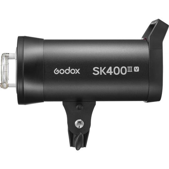 Side profile view of the Godox SK400III-V studio flash strobe with built-in mount bracket.
