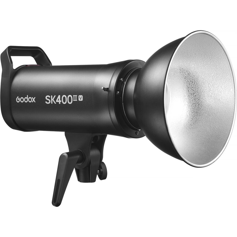 Godox SK400III-V studio flash strobe with standard reflector dish attached.