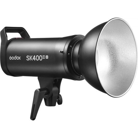 Godox SK400III-V studio flash strobe with standard reflector dish attached.