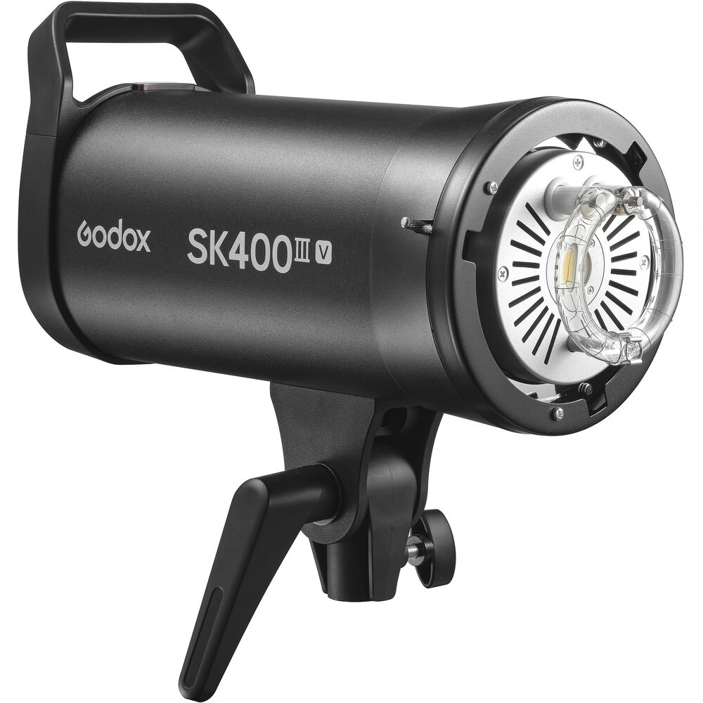 Side view of Godox SK400III-V studio flash strobe with Bowens mount and light stand adapter.