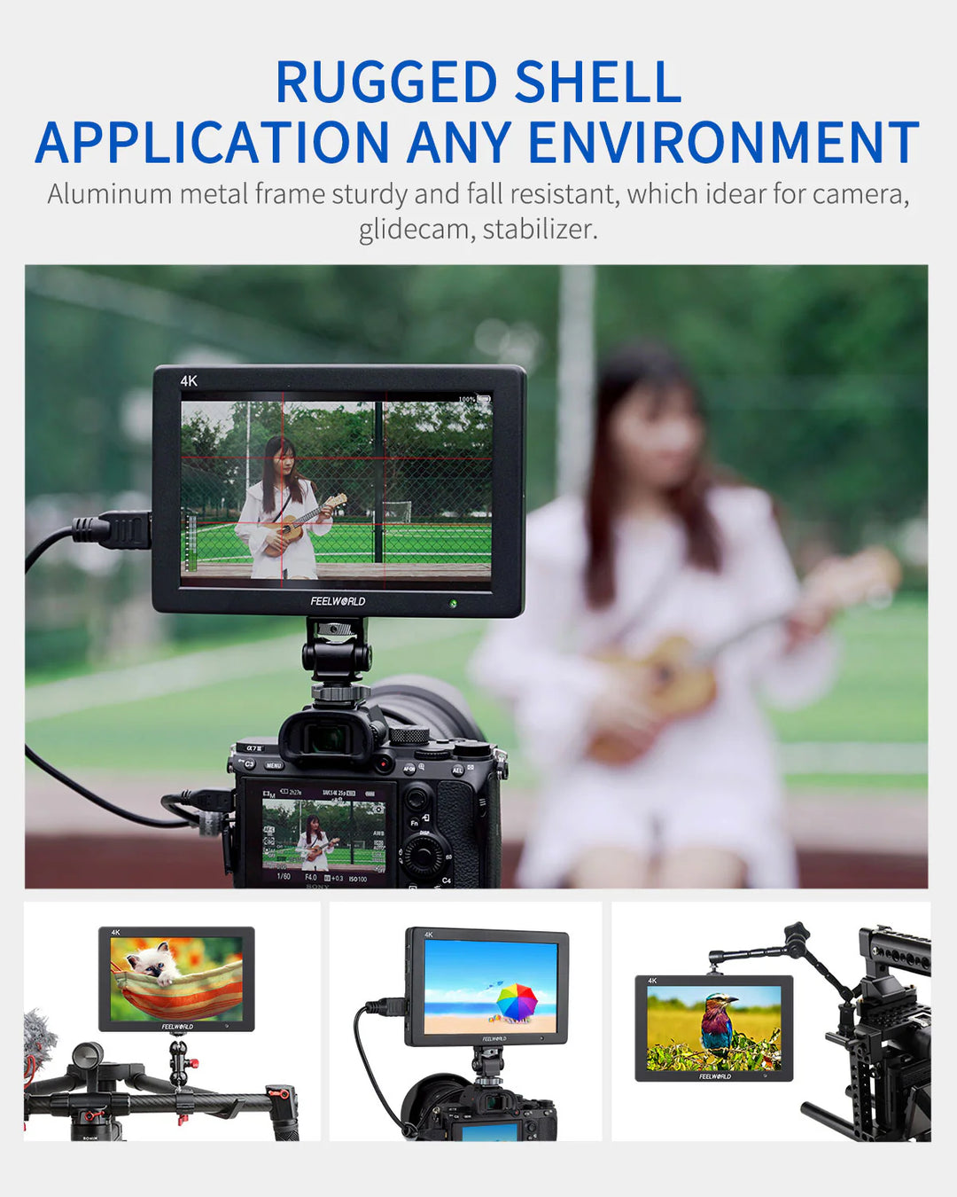 Camera monitor with rugged shell design, shown in use with a camera and in various settings.