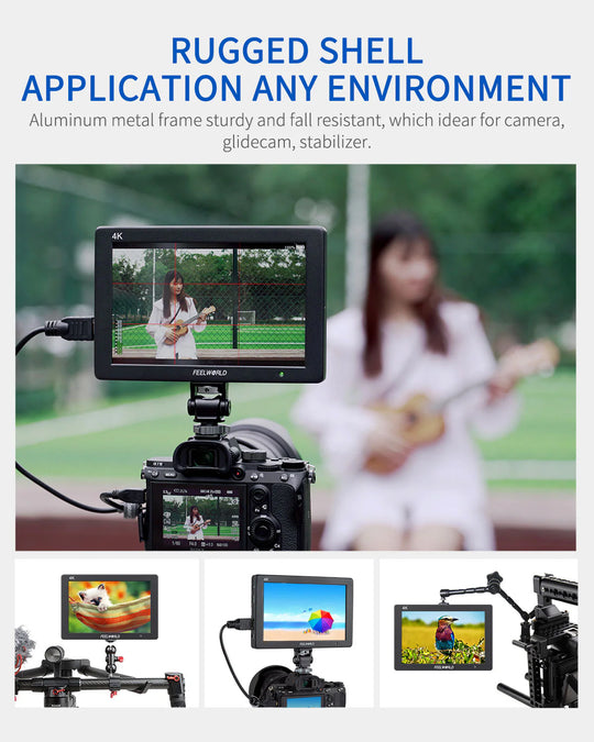 Camera monitor with rugged shell design, shown in use with a camera and in various settings.