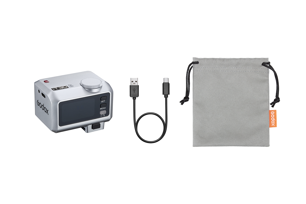 White Godox iT30Pro TTL Mini Flash, USB cable, and carrying pouch on a white background