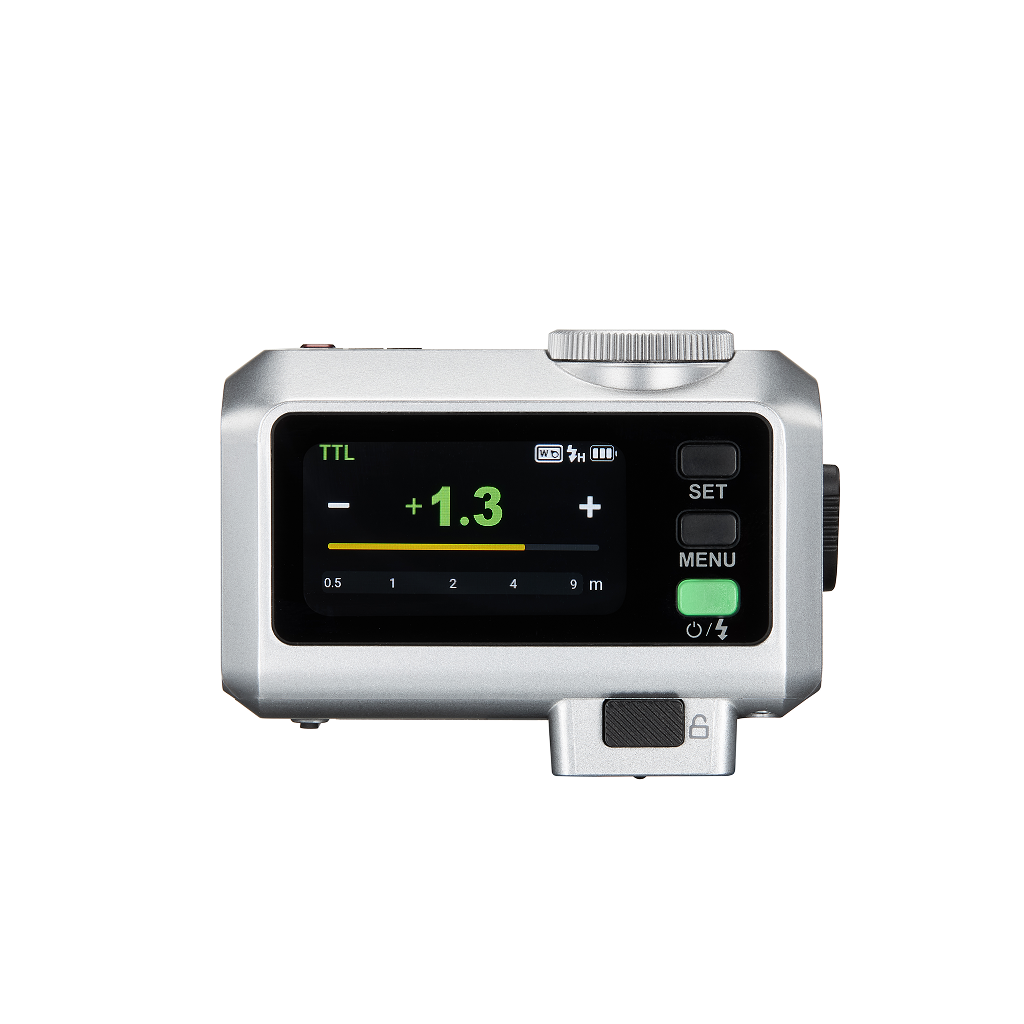 White Godox iT30Pro TTL Mini Flash with a display and control buttons on a white background