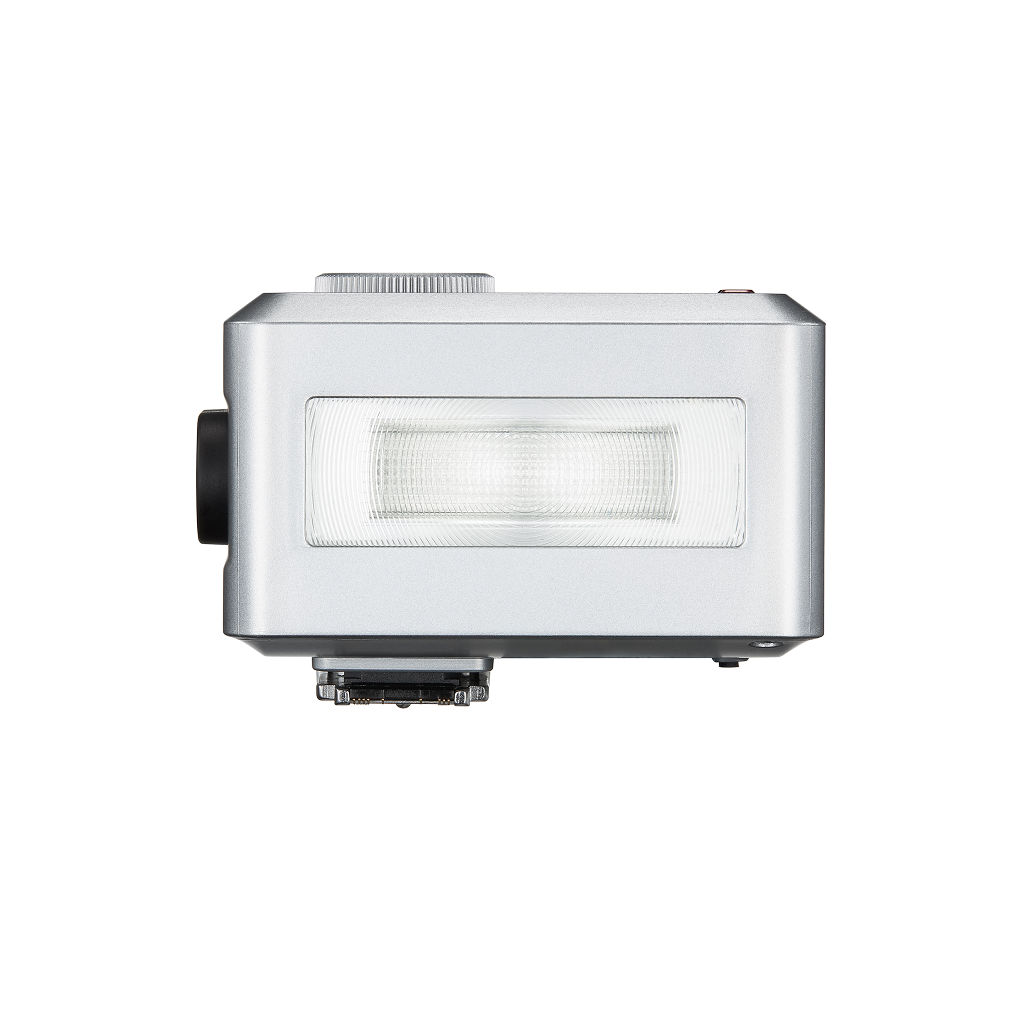 Top veiw of white Godox iT30Pro TTL Mini Flash on a white background.