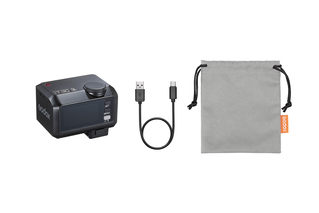 Godox iT30Pro TTL Mini Flash with USB cable and gray drawstring bag on a white background