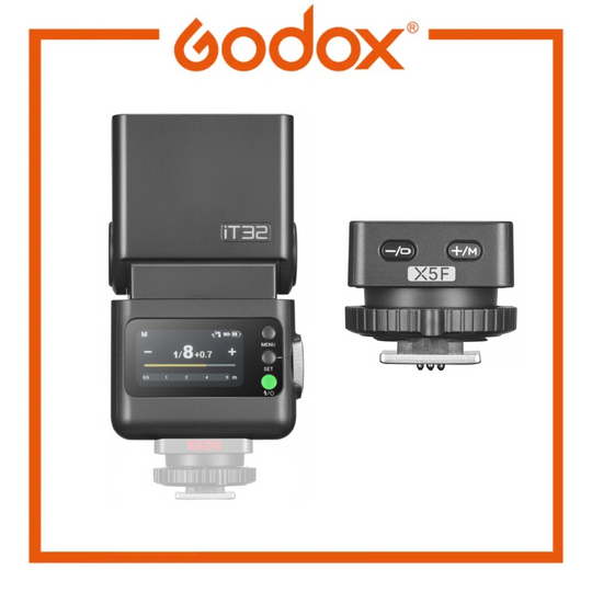 Godox iT32 camera flash and X5 receiver on a white background with Godox logo.