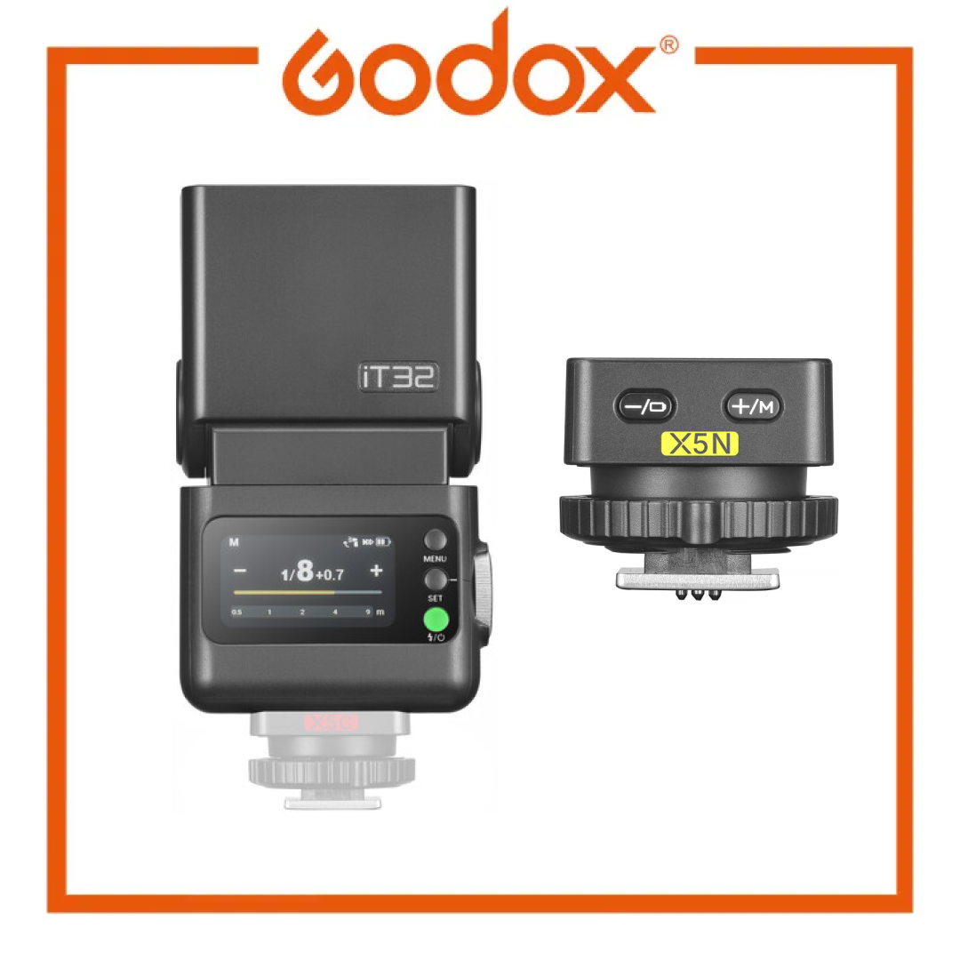 Godox iT32 camera flash and X5 receiver on a white background with Godox logo.