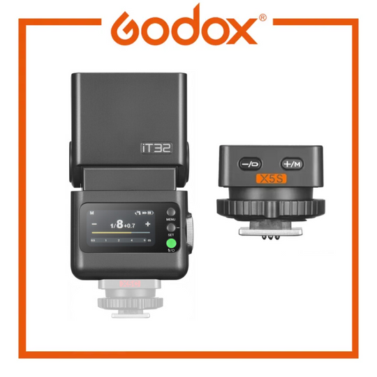 Godox iT32 camera flash and X5 receiver on a white background with Godox logo.