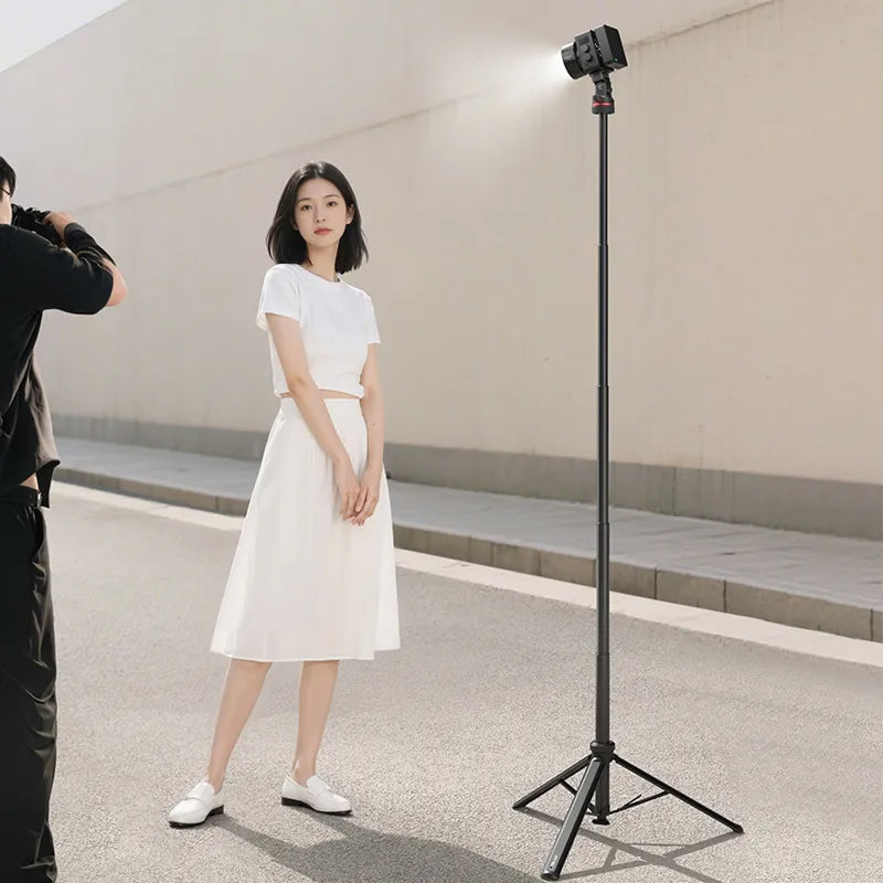 Woman in a white dress standing next to a camera on a tripod in an indoor setting