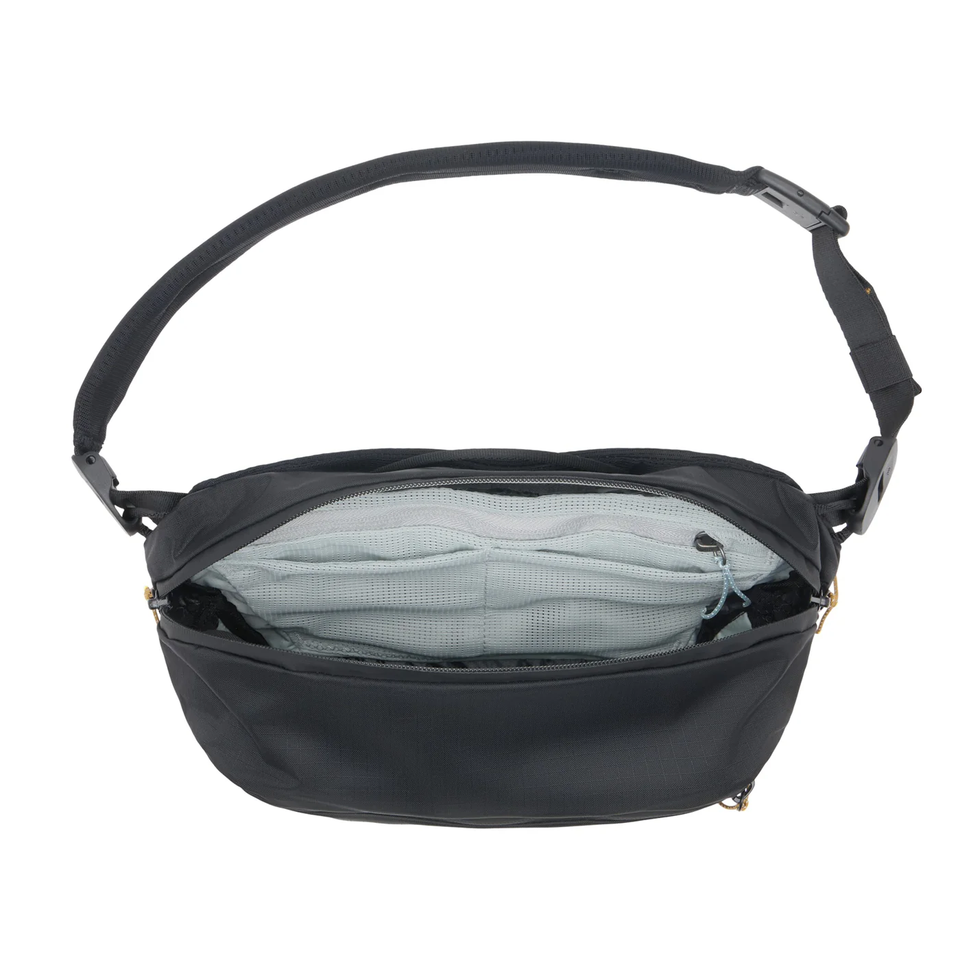 Black Outdoor Sling bag with a visible interior on a white background