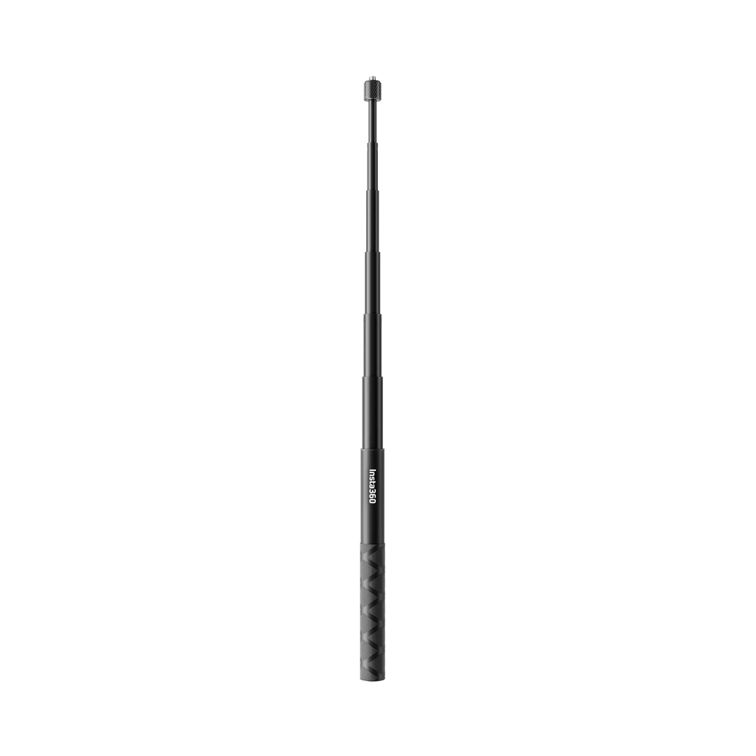 Studio product view showing the Insta360 114cm Invisible Selfie Stick fully extended, featuring multi-section telescoping pole, textured grip handle, and top 1/4-inch mounting screw on a transparent background