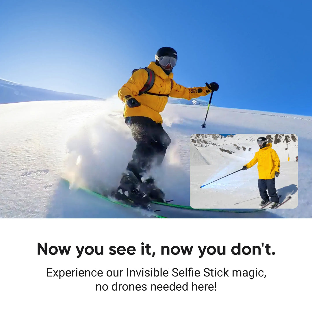 Snowboarder/skier in a yellow jacket demonstrating the Insta360 114cm Invisible Selfie Stick auto-stitching feature, removing the pole from the main action shot.