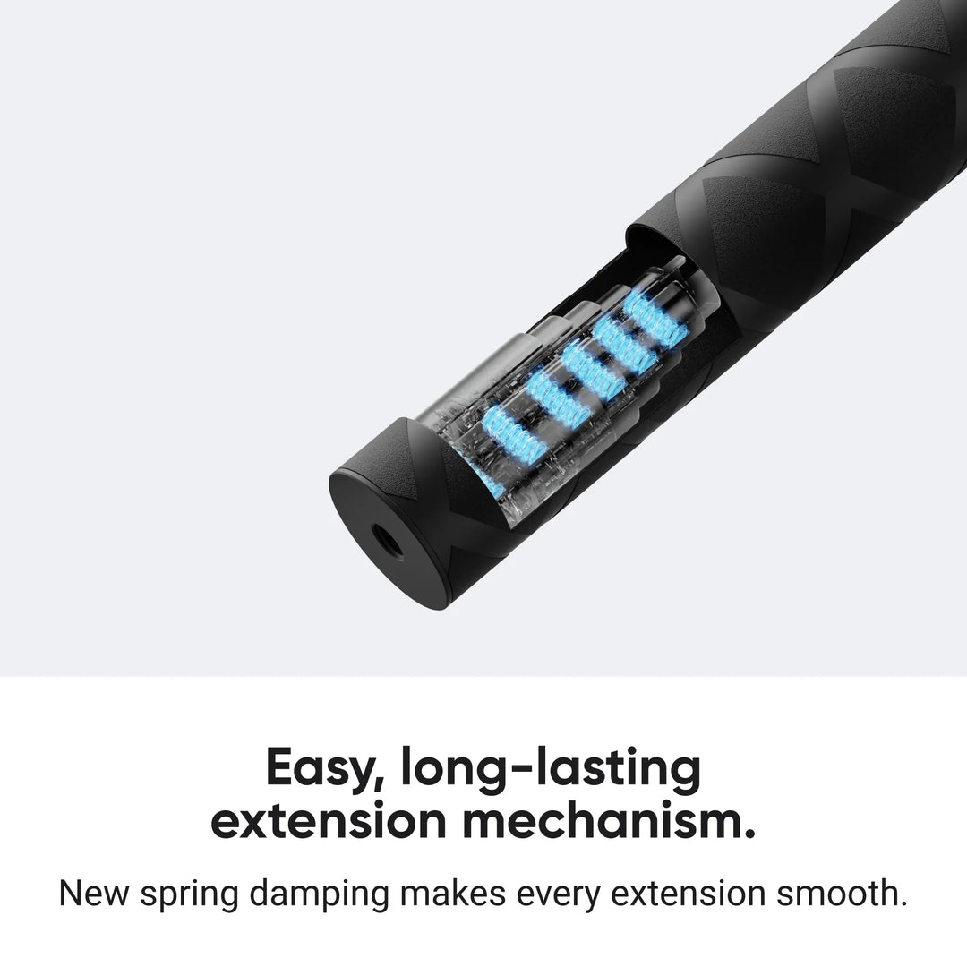Cutaway diagram of the Insta360 114cm Invisible Selfie Stick handle showcasing the internal spring damping extension mechanism for smooth and durable telescoping performance