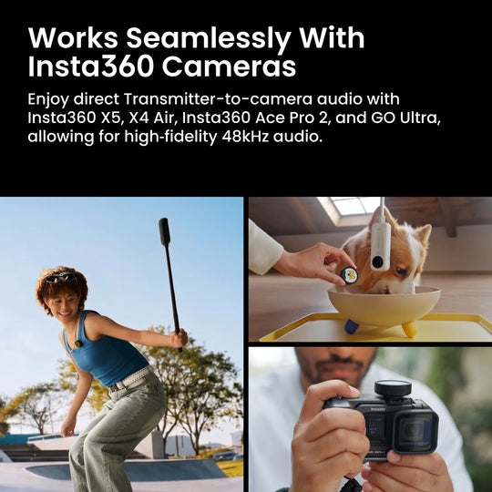 A collage showing a wireless microphone transmitter being used seamlessly with various Insta360 action cameras during action sports, pet filming, and vlogging.