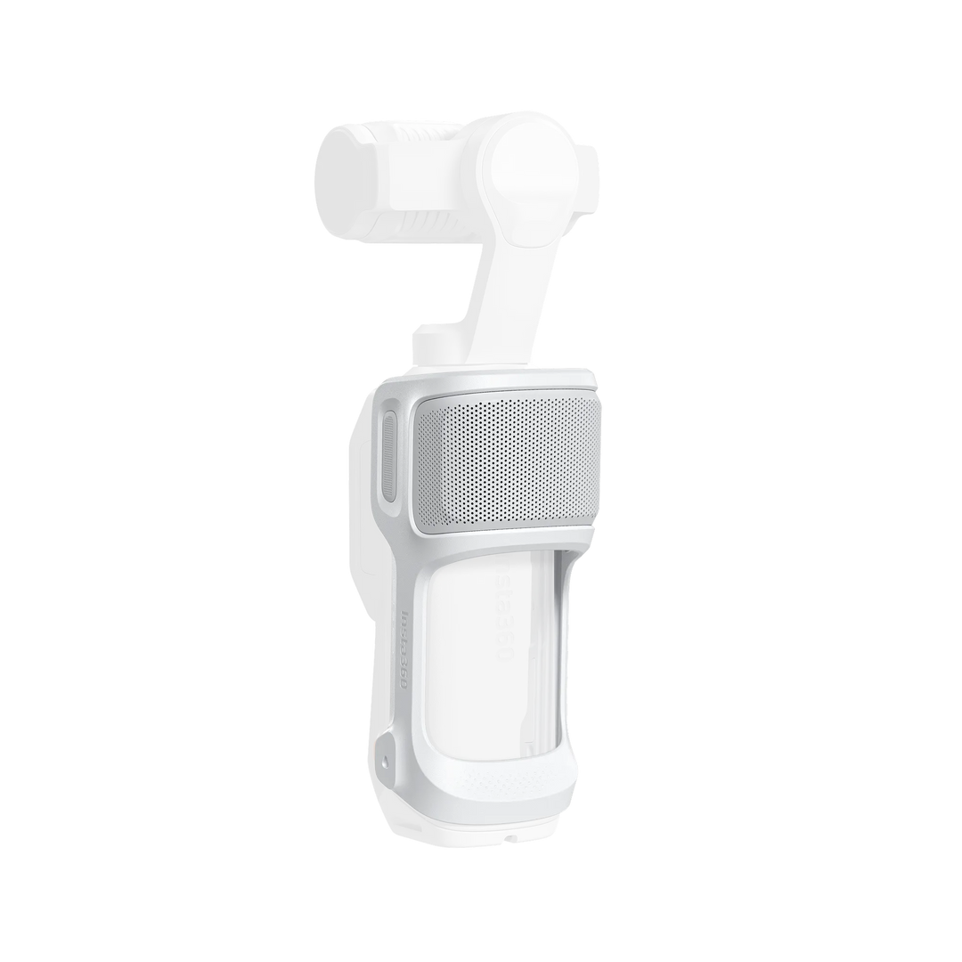 Studio product overlay diagram demonstrating how the white Insta360 Sliding Protective Case slides over and fits onto the body of the Luna Ultra gimbal camera on a transparent background.