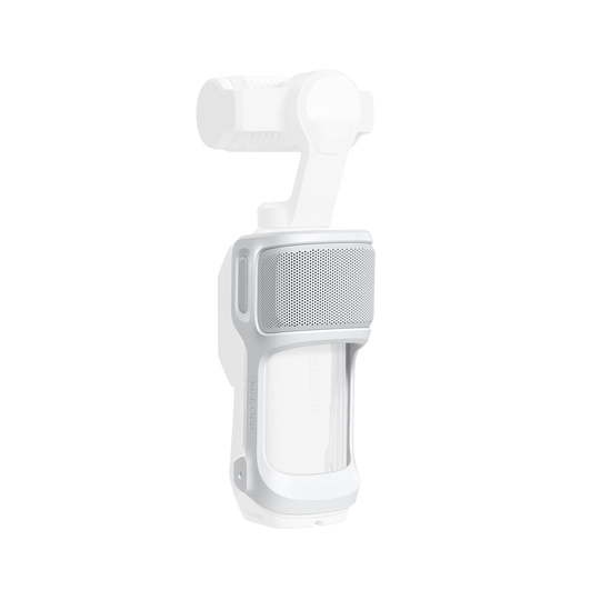 Studio product overlay diagram demonstrating how the white Insta360 Sliding Protective Case slides over and fits onto the body of the Luna Ultra gimbal camera on a transparent background.