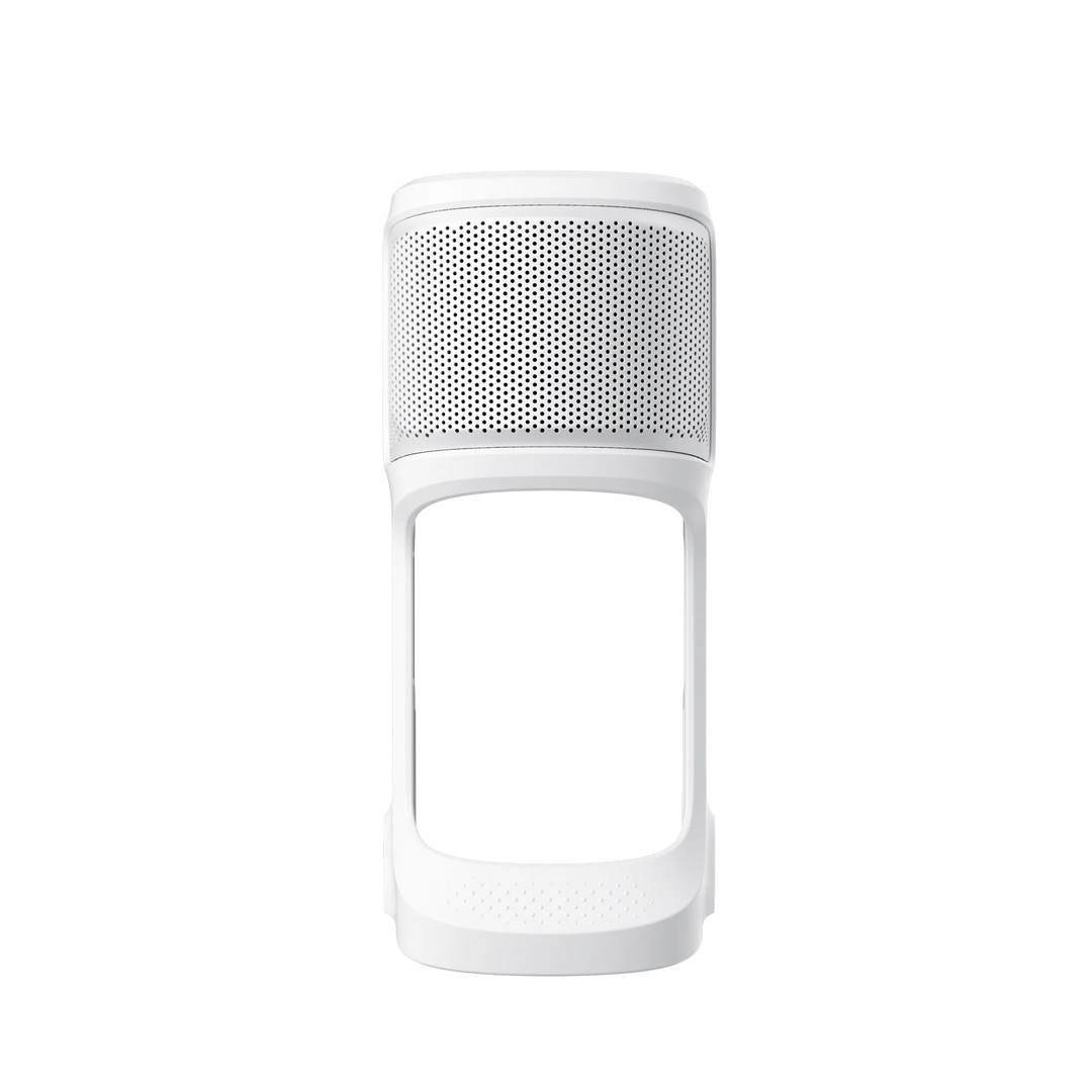 Studio front view of the white Insta360 Sliding Protective Case for the Luna Ultra gimbal camera, showing the perforated top cover and open frame structure on a transparent background.