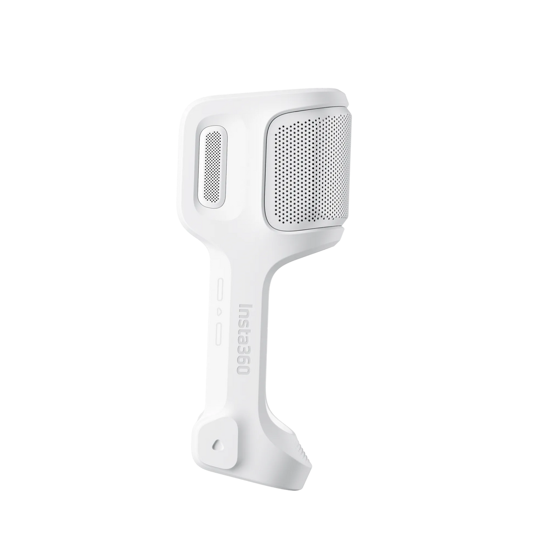 Studio side profile view of the white Insta360 Sliding Protective Case for the Luna Ultra gimbal camera showing side button cutouts, perforated top cover, and debossed logo on a transparent background.