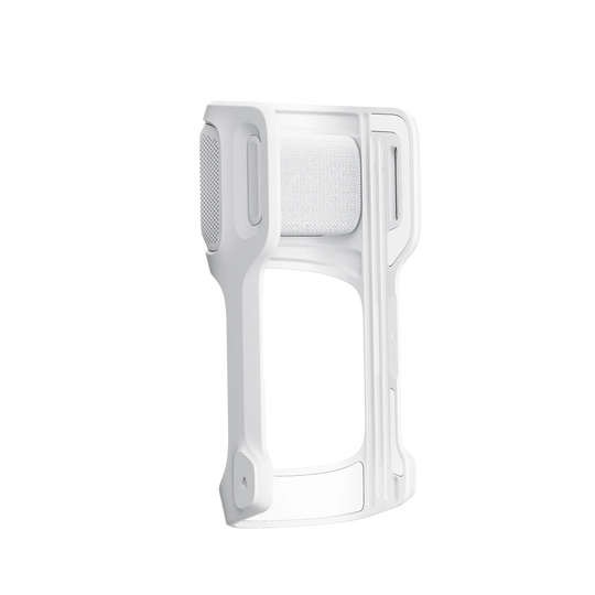 Studio three-quarter angle view of the white Insta360 Sliding Protective Case for the Luna Ultra gimbal camera, highlighting side release tracks, button cutouts, and inner fabric lining on a transparent background.