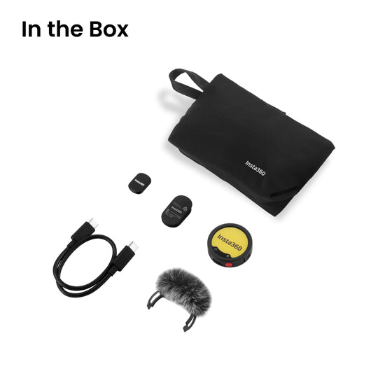 A top-down view of the product package contents, including a black carrying pouch, wireless transmitter, furry windshield, USB-C cable, and magnetic adapters.