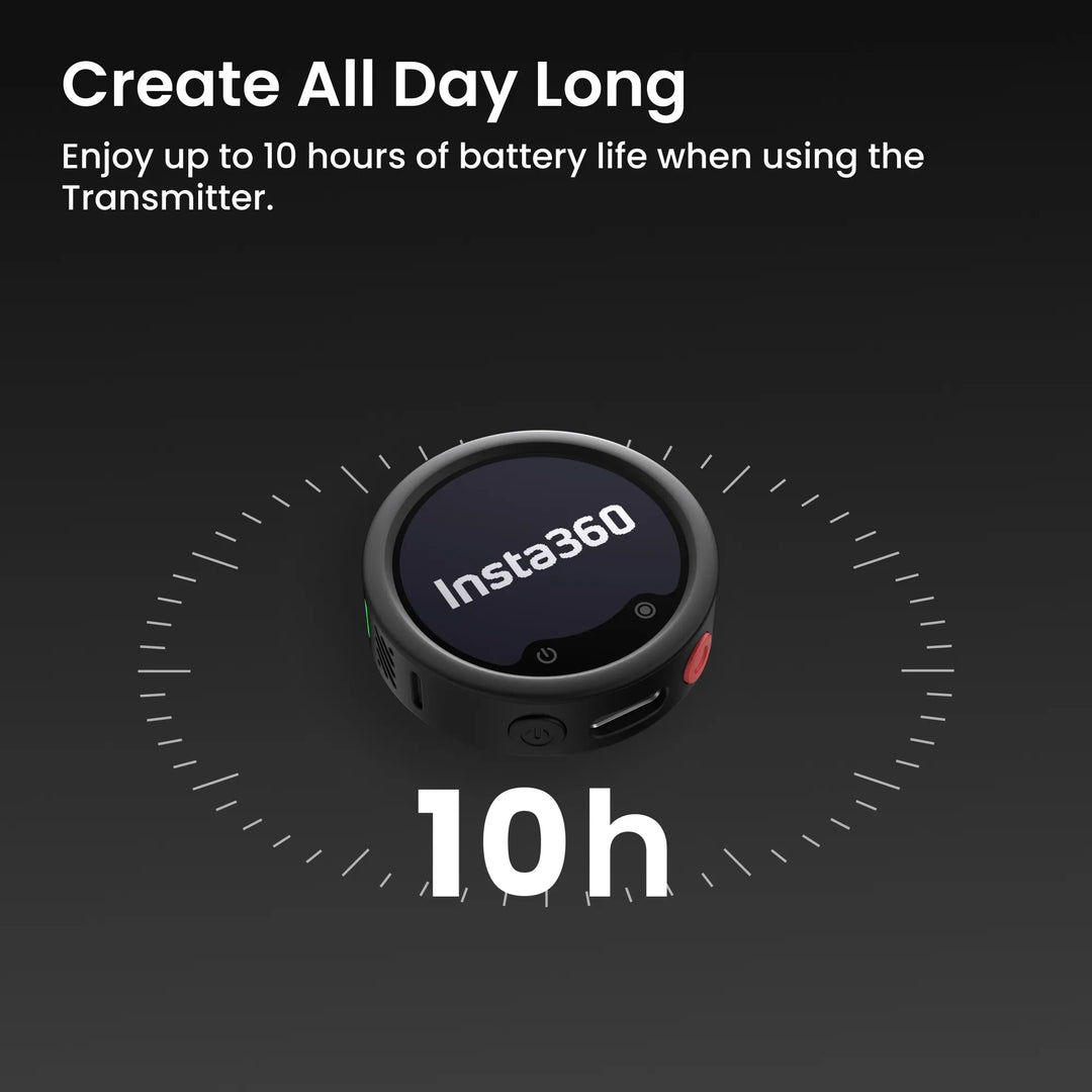 A round Insta360 wireless microphone transmitter centered on a clock dial graphic with large text reading 10h to highlight its 10-hour battery life.